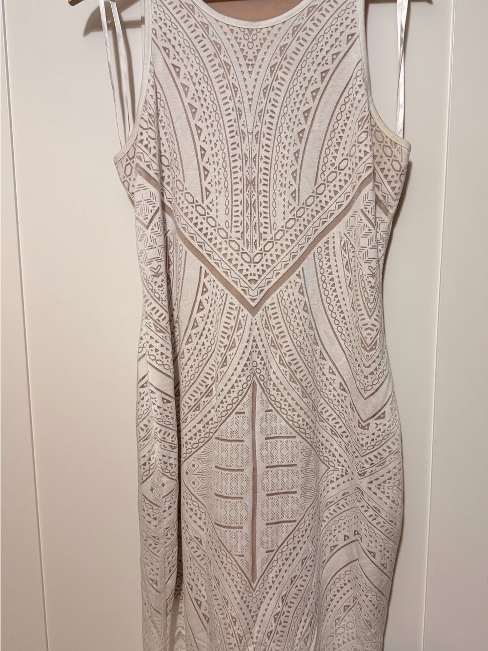 Sleeveless White/Cream Patterned Bodycon Dress - Massimo